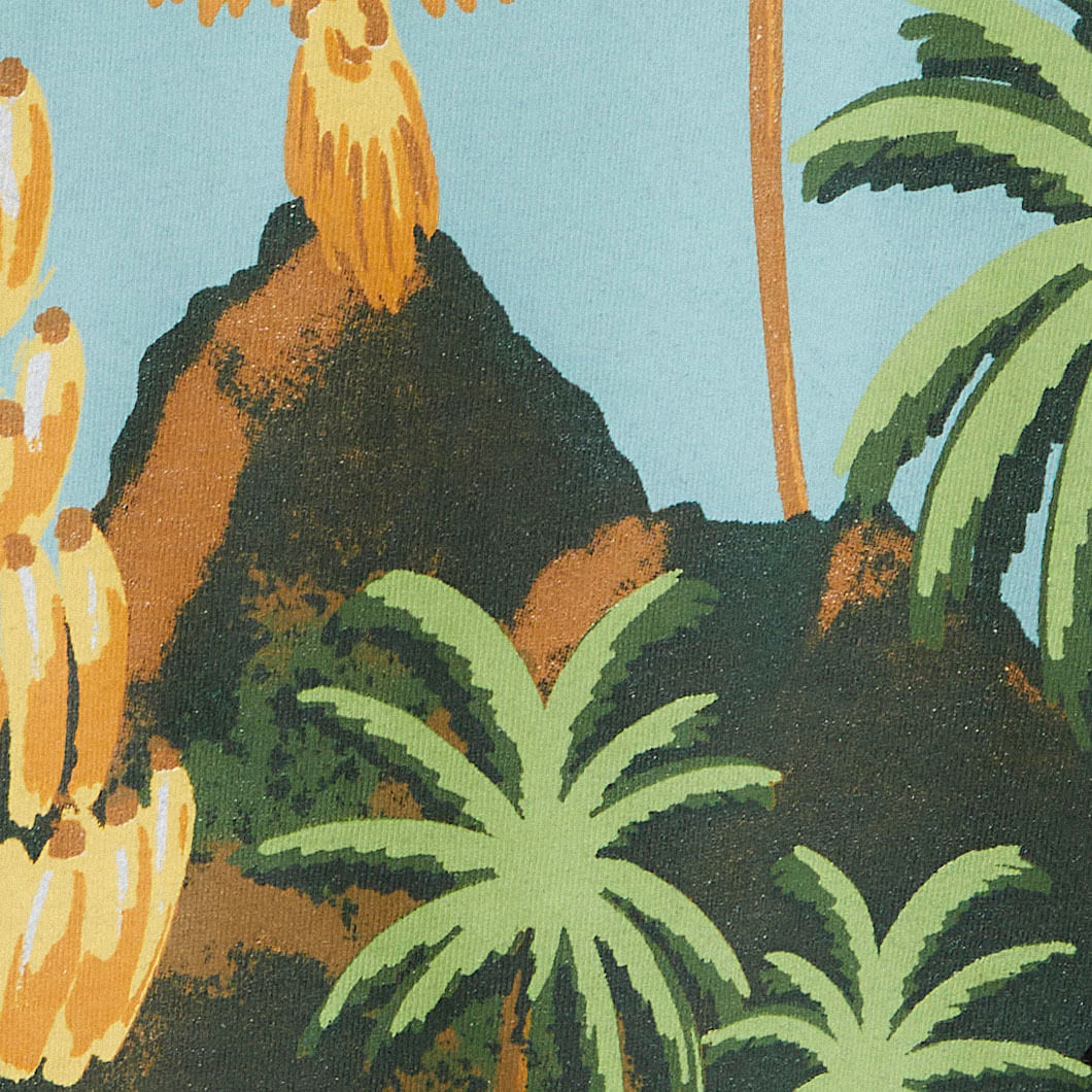 Primer plano del estampado tropical con bananas y palmeras.