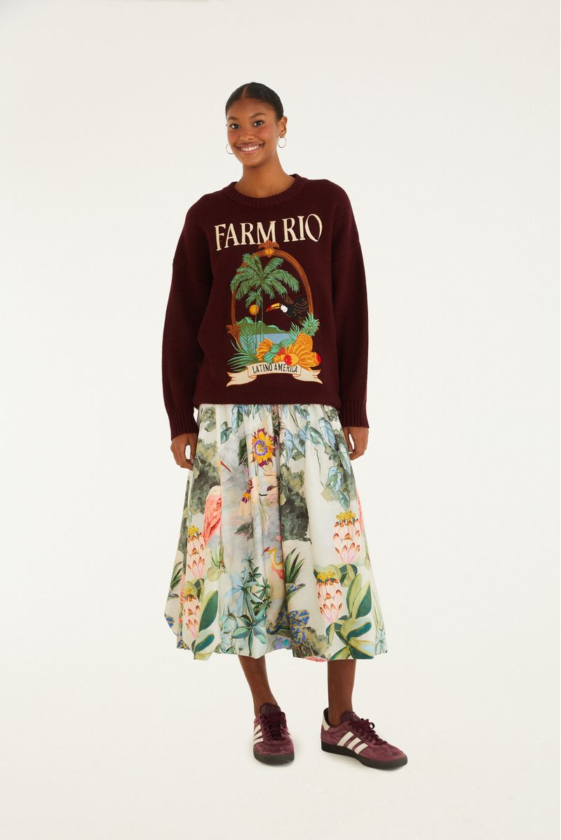 Tricot vino con estampado tropical frontal, modelo de cuerpo entero.
