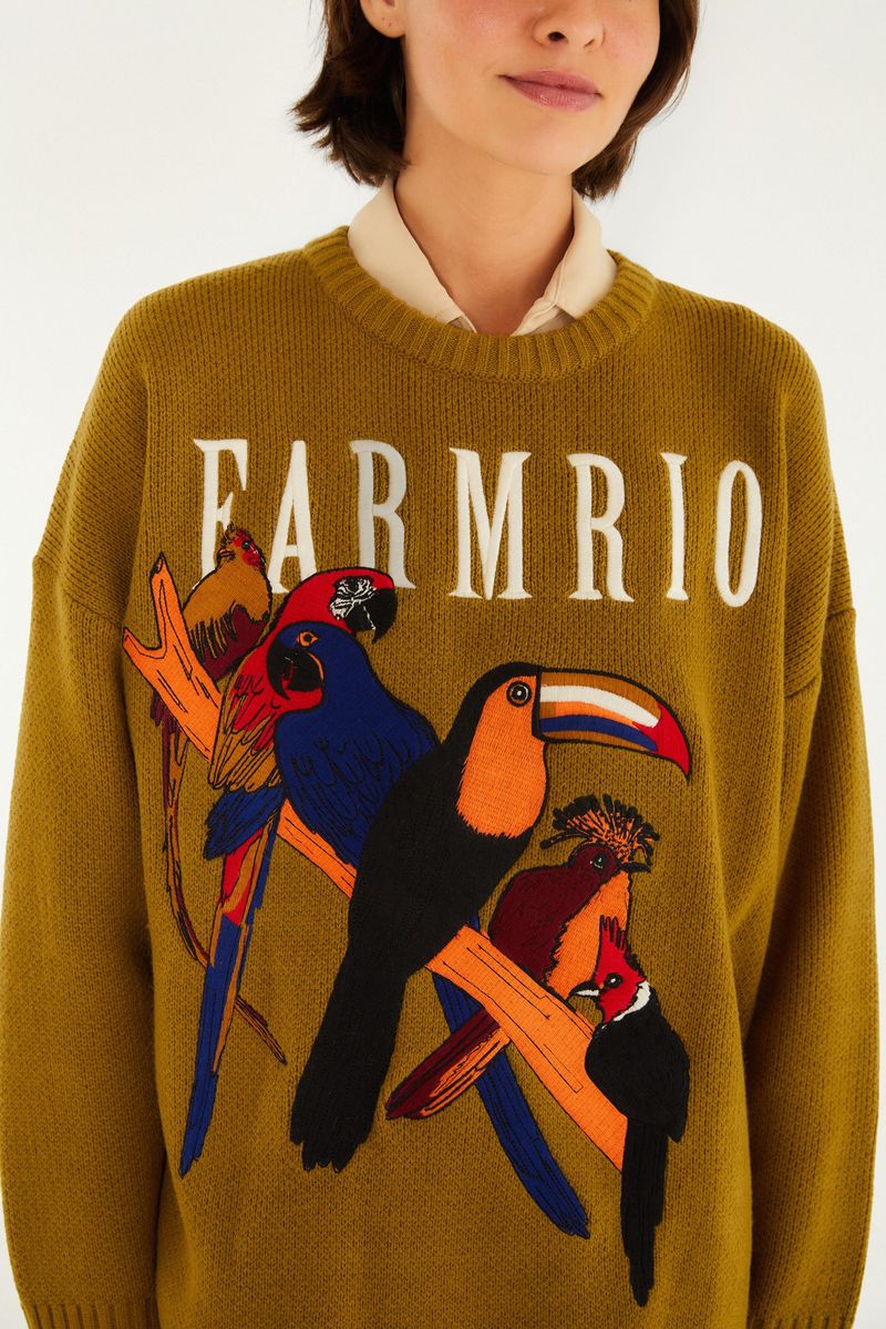 Detalle del cardigan de tricot Farm Rio con estampado de tucanes y aves, mostrando el diseño frontal.