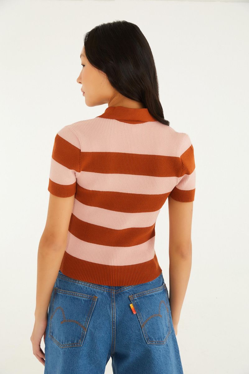 Vista trasera de la camisa polo de tejido tricot con rayas horizontales en tonos marrón y rosa.