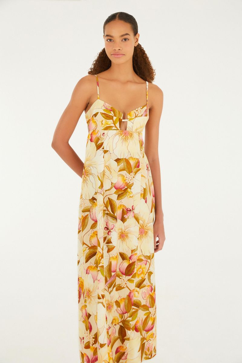 Imagen mostrando el vestido floral con tirantes delgados, visto desde el lado.