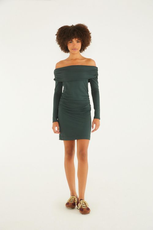 Vestido Corto Hombro a Hombro Fruncido