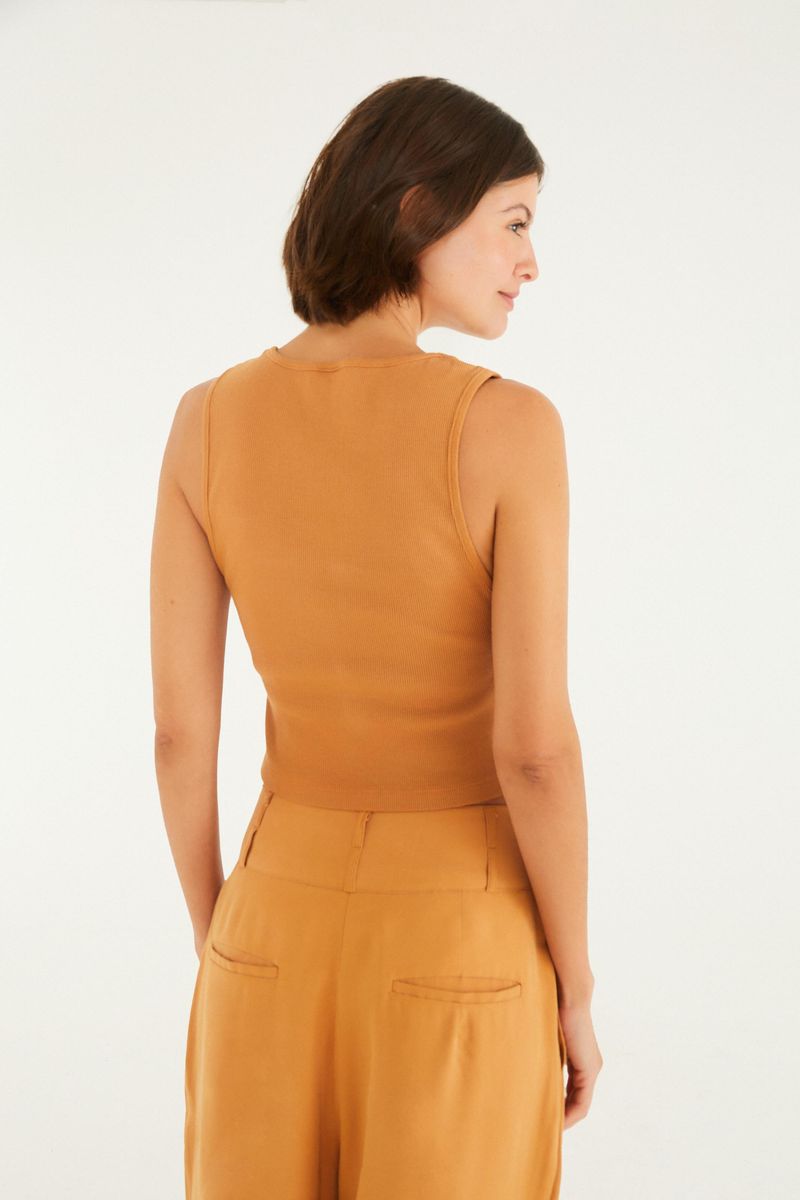 Imagen de una camiseta cropped en tono terracota, vista desde atrás, mostrando el diseño simple y elegante.