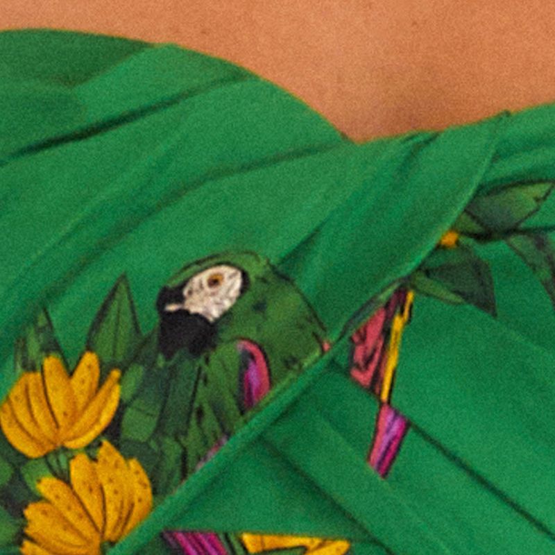 Acercamiento al diseño tropical del macacón verde.