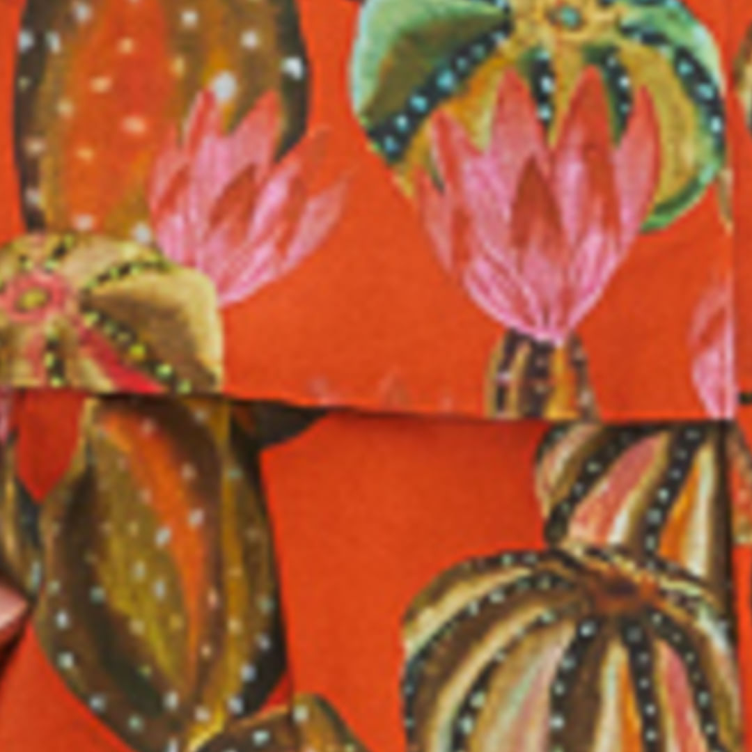 Imagen del detalle del estampado de cactus sobre fondo naranja.