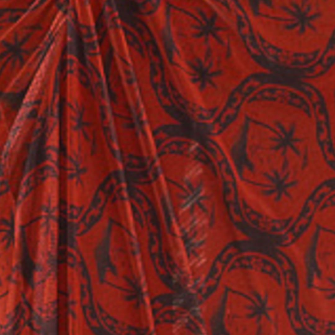 Acercamiento al estampado floral en tonos rojo y negro del vestido de tul.