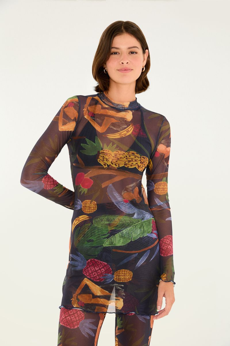Vestido de tul con estampado vibrante de frutas y hojas, manga larga y longitud corta.
