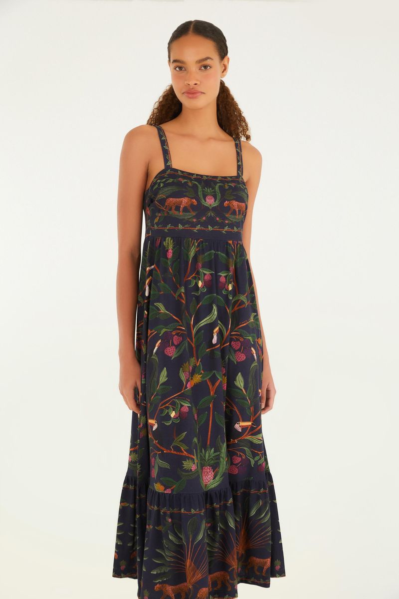 Vestido midi con estampado bosque dulce, vista lateral.