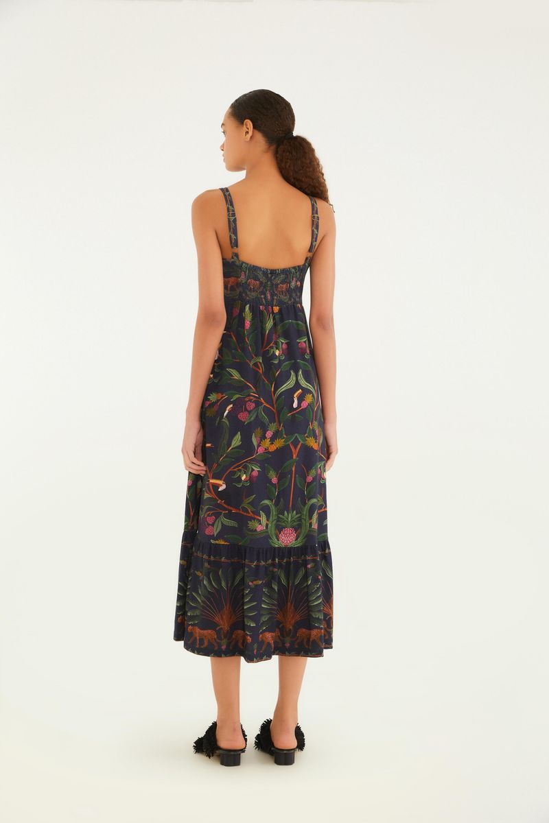 Vista trasera del vestido midi con estampado bosque dulce.
