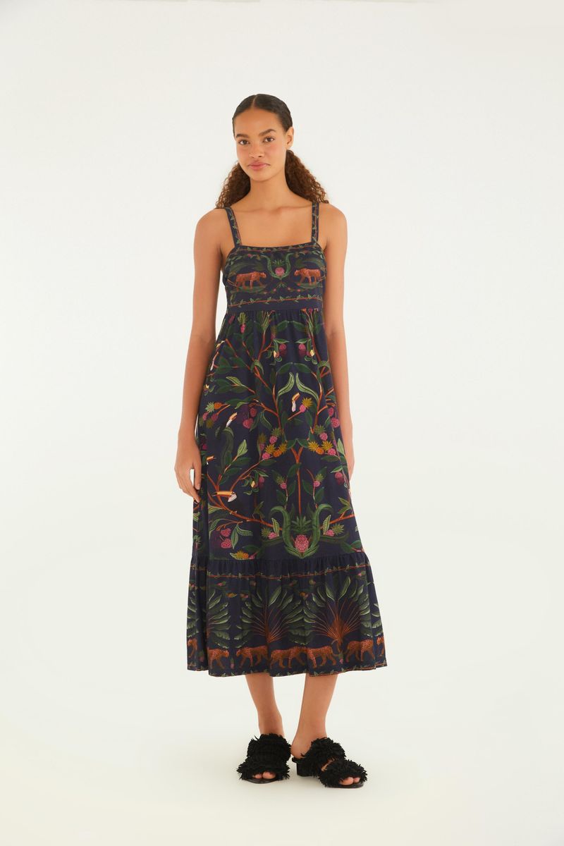 Vestido midi con estampado bosque dulce, vista frontal completa.