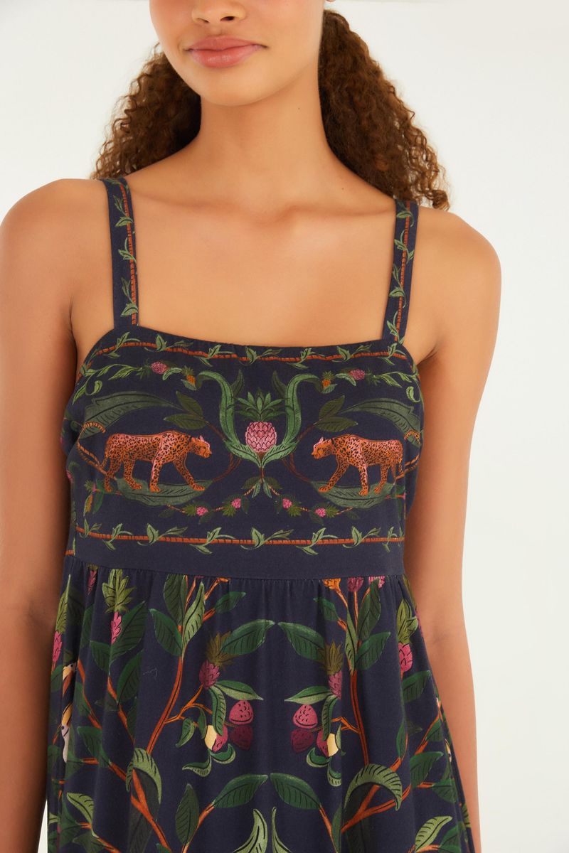 Detalle del corsé del vestido midi con estampado bosque dulce.