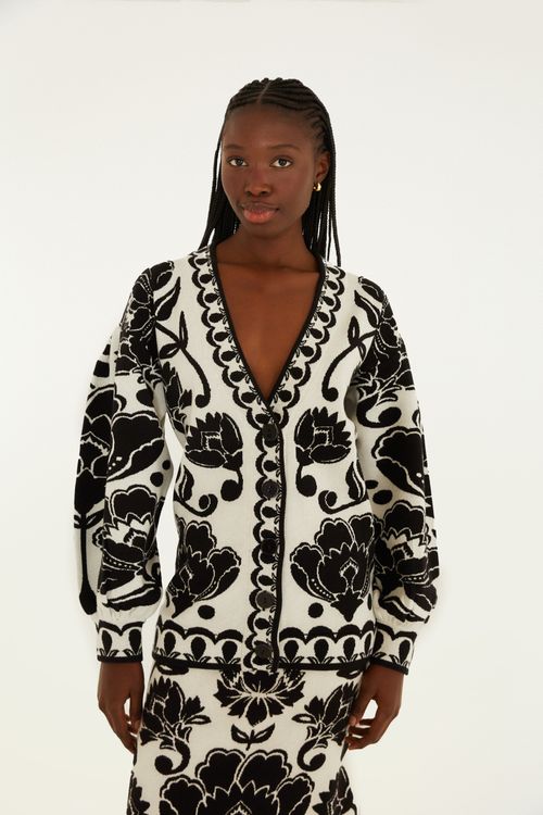 Cardigan Longo Tricot Floral Arabesque