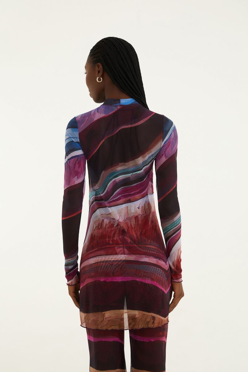 Imagen de una túnica Tule Turmalina con estampado abstracto, vista trasera.