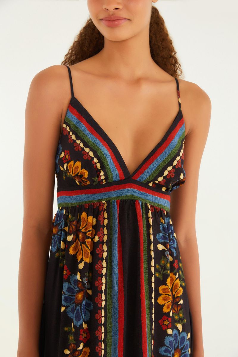 Detalle del escote en V y tirantes finos del vestido estampado.