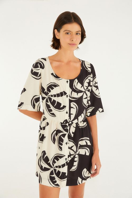 Vestido Corto Manga Estampado De Hojas De Palmera