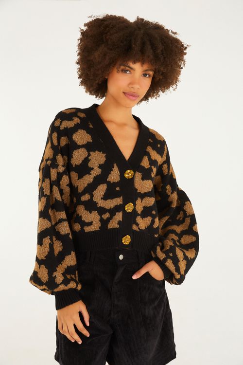 Cardigan Corto Tejido De Lurex Estampado De Leopardo