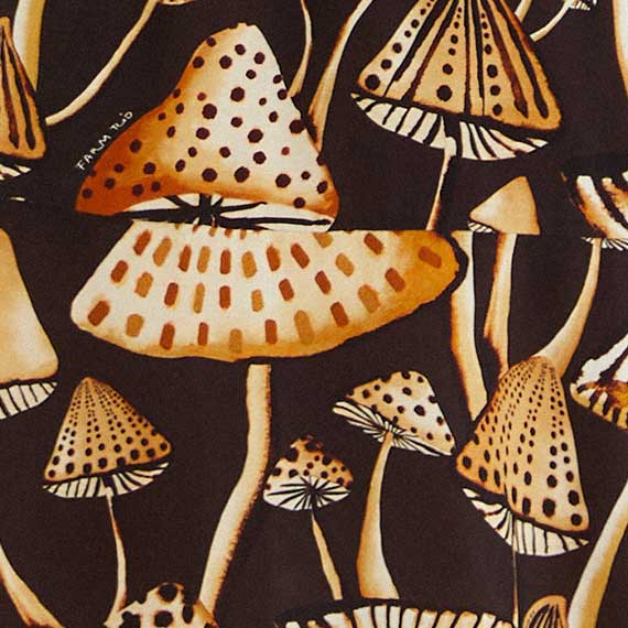 Imagen mostrando un vestido corto con estampado de hongos en tonos tierra sobre fondo oscuro.