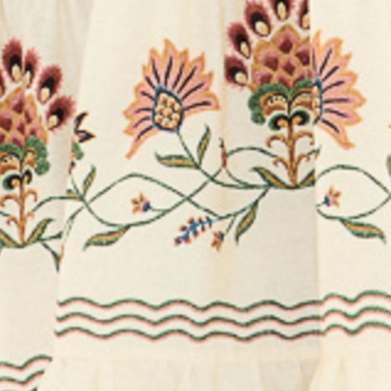 Detalle de la barra del vestido con estampado floral.
