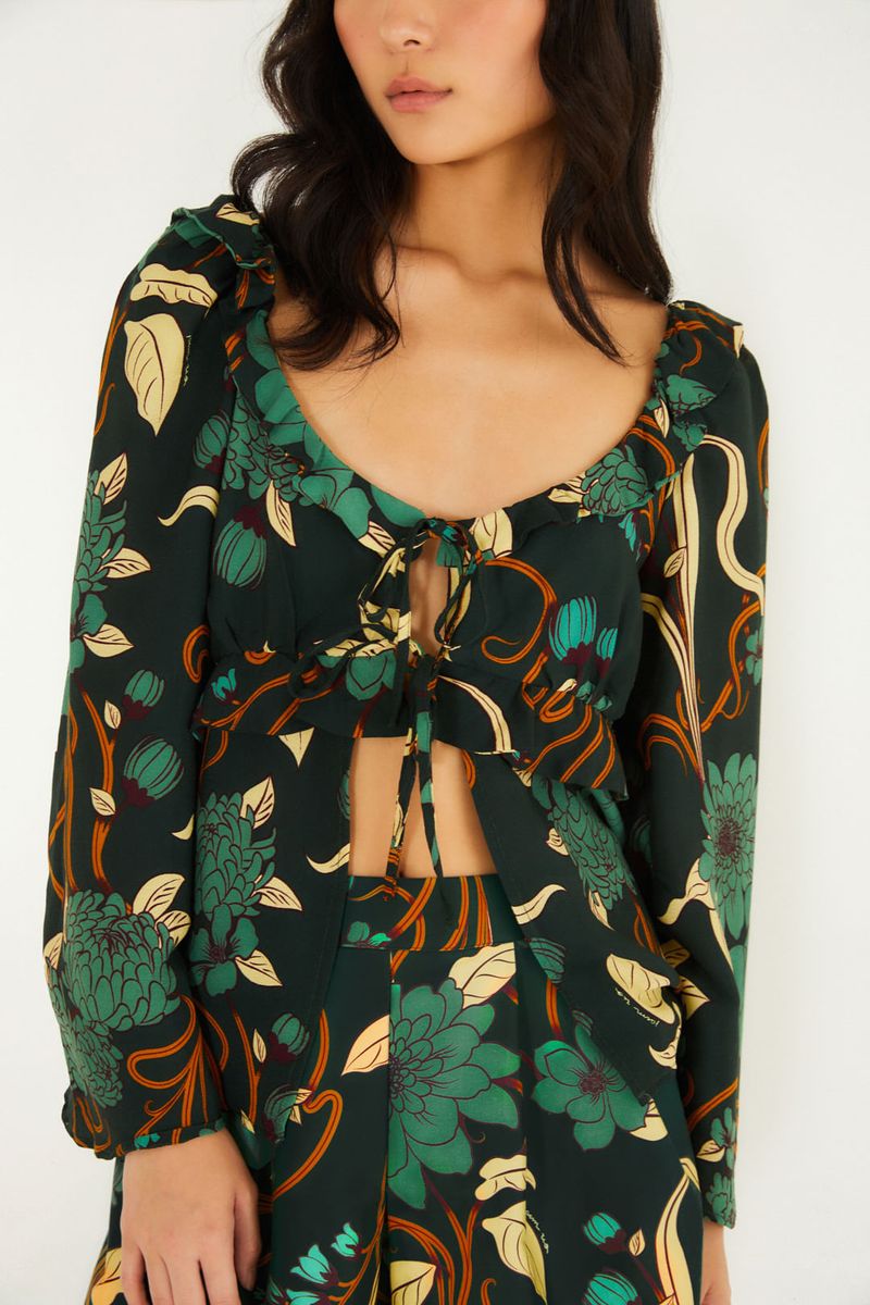 Detalle del escote en V y lazadas de la Blusa Balón Beatrice Floral.
