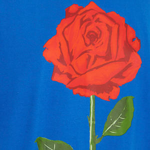 Detalle del texto estampado en la parte trasera de la camiseta azul.