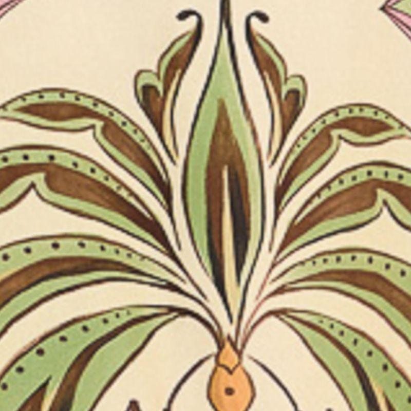 Primer plano del estampado botánico del vestido largo en tonos de verde, rosa y beige.