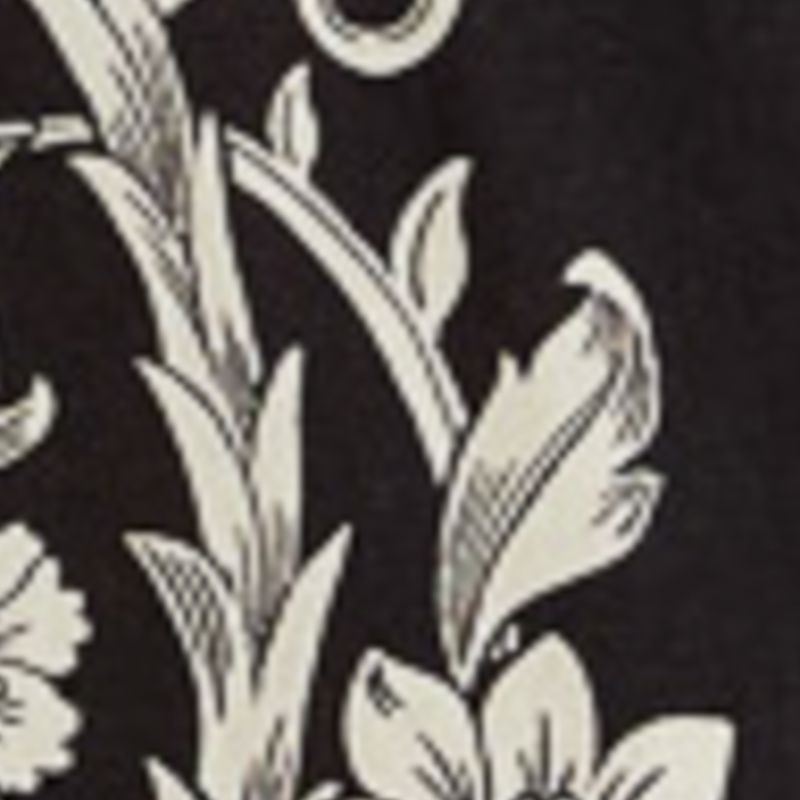 Close-up del estampado botánico en blanco y negro del vestido.