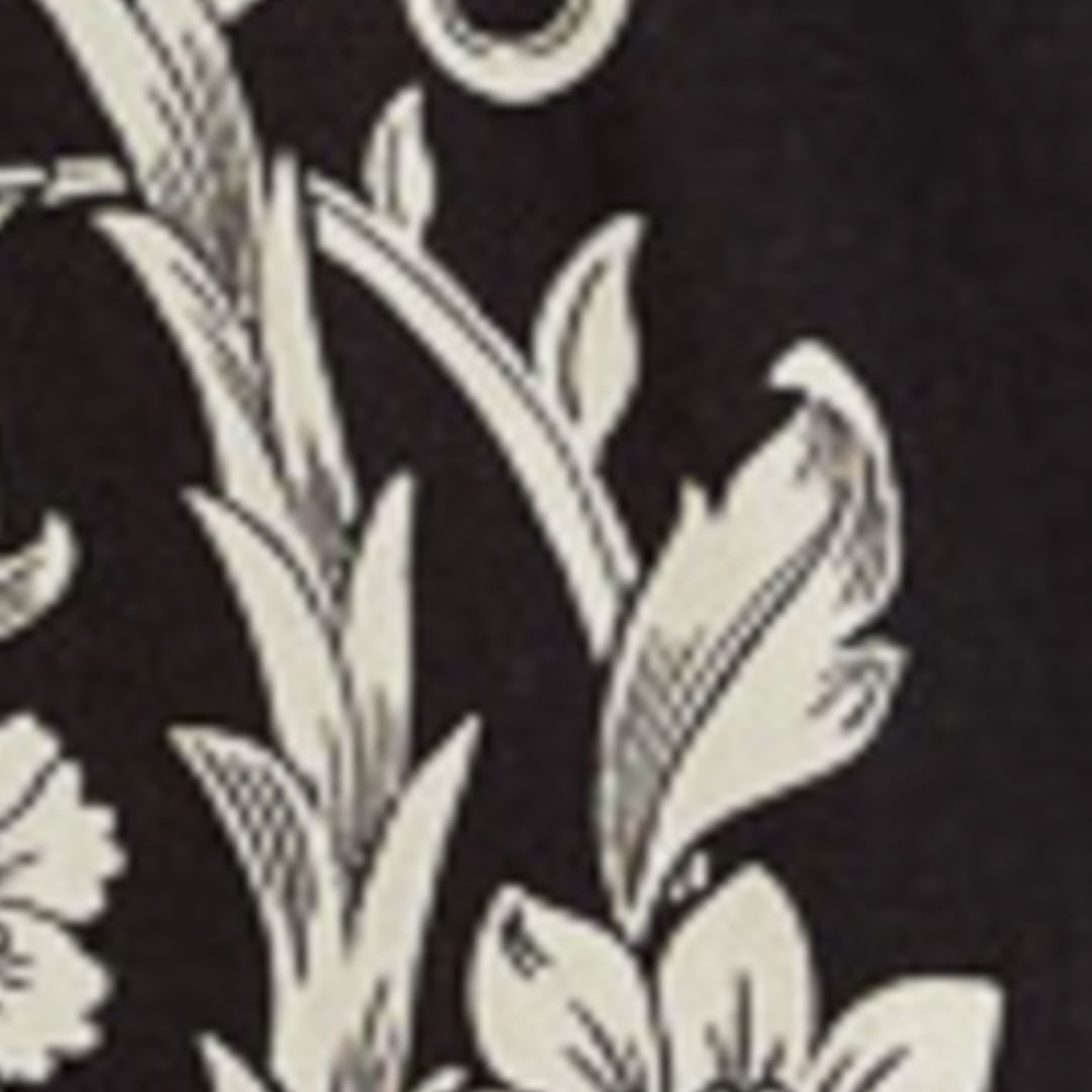 Close-up del estampado botánico en blanco y negro del vestido.