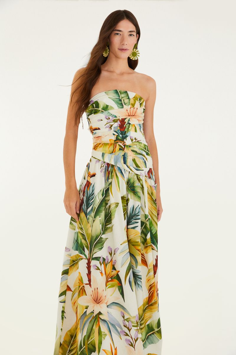 Vestido largo con tiras, estampado tropical, vista trasera.