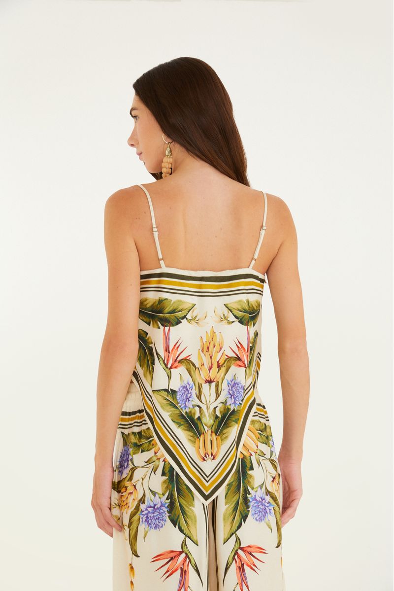 Camiseta sin mangas tropical con estampado de flores y hojas, vista trasera.