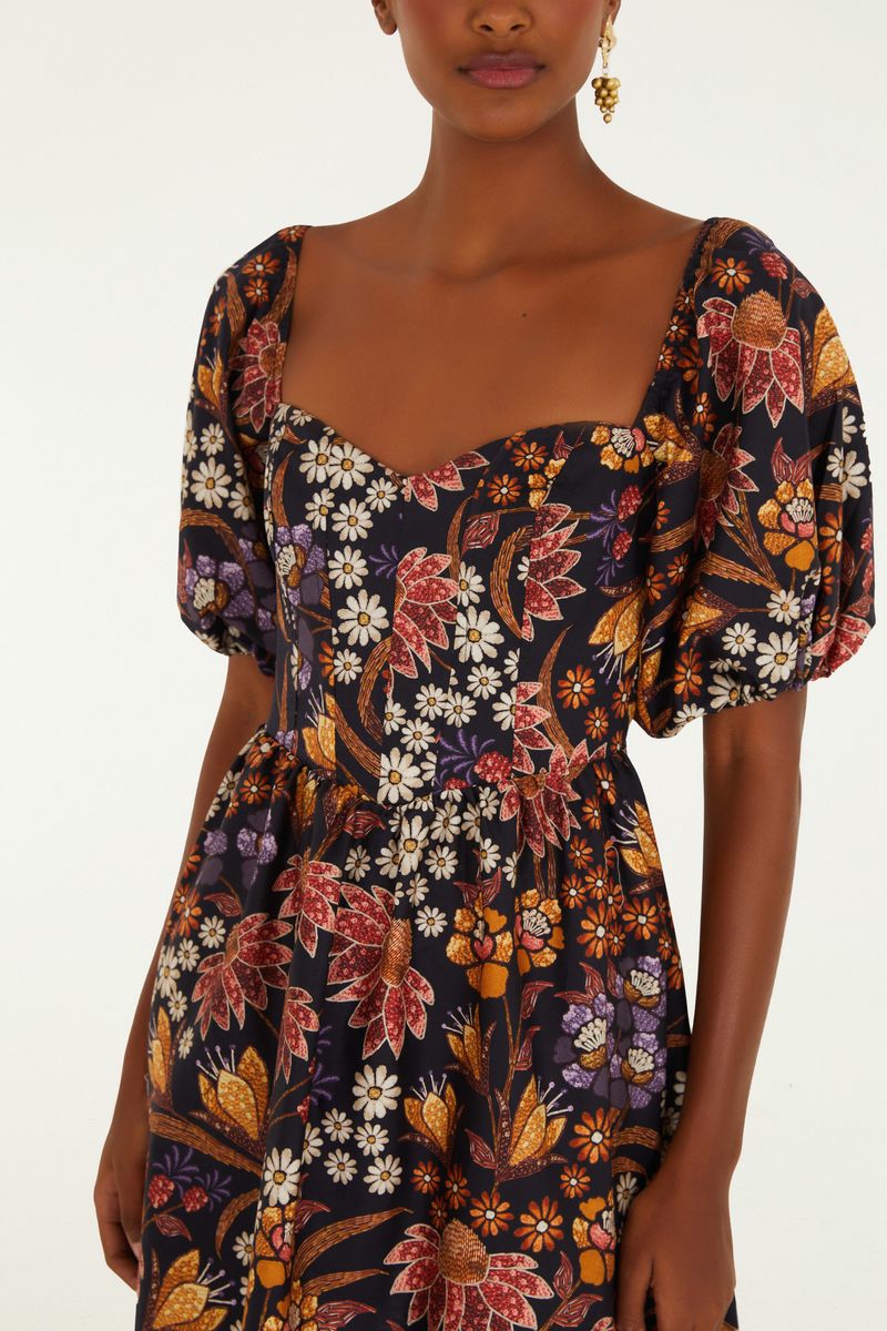 Imagen de un vestido corto con estampado floral, visto de espaldas, con mangas bufantes y escote cuadrado.
