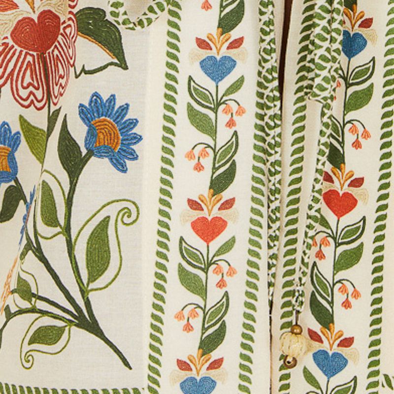 Detalle del estampado floral y bordados de la Blusa Jardín Belleza.