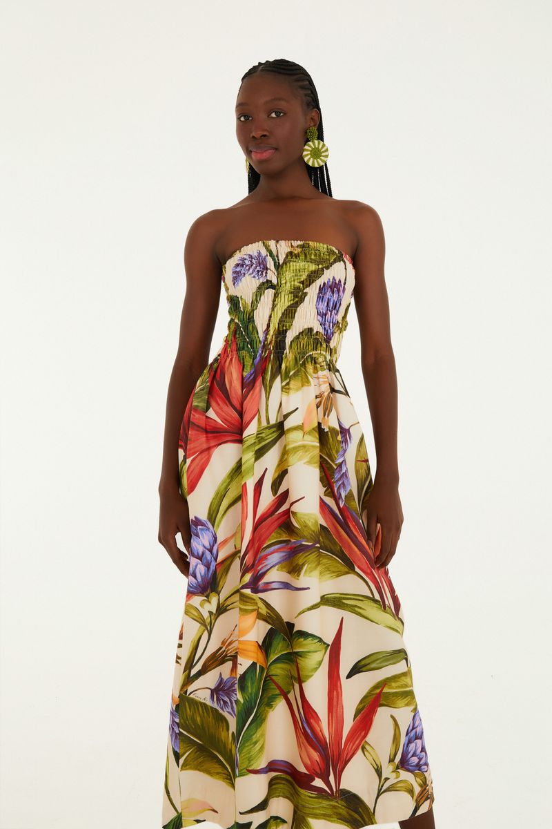 Vestido midi estampado con patrón floral tropical, vista trasera.