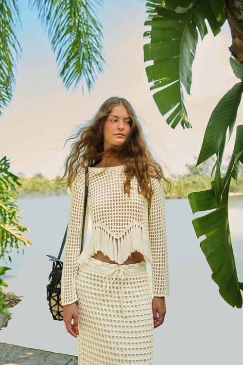 Blusa Tricot Com Franja Bege