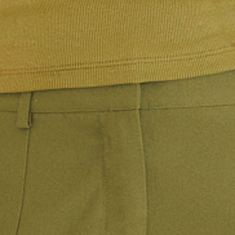 Close-up de la pretina y cierre con botón del pantalón de sastrería verde.