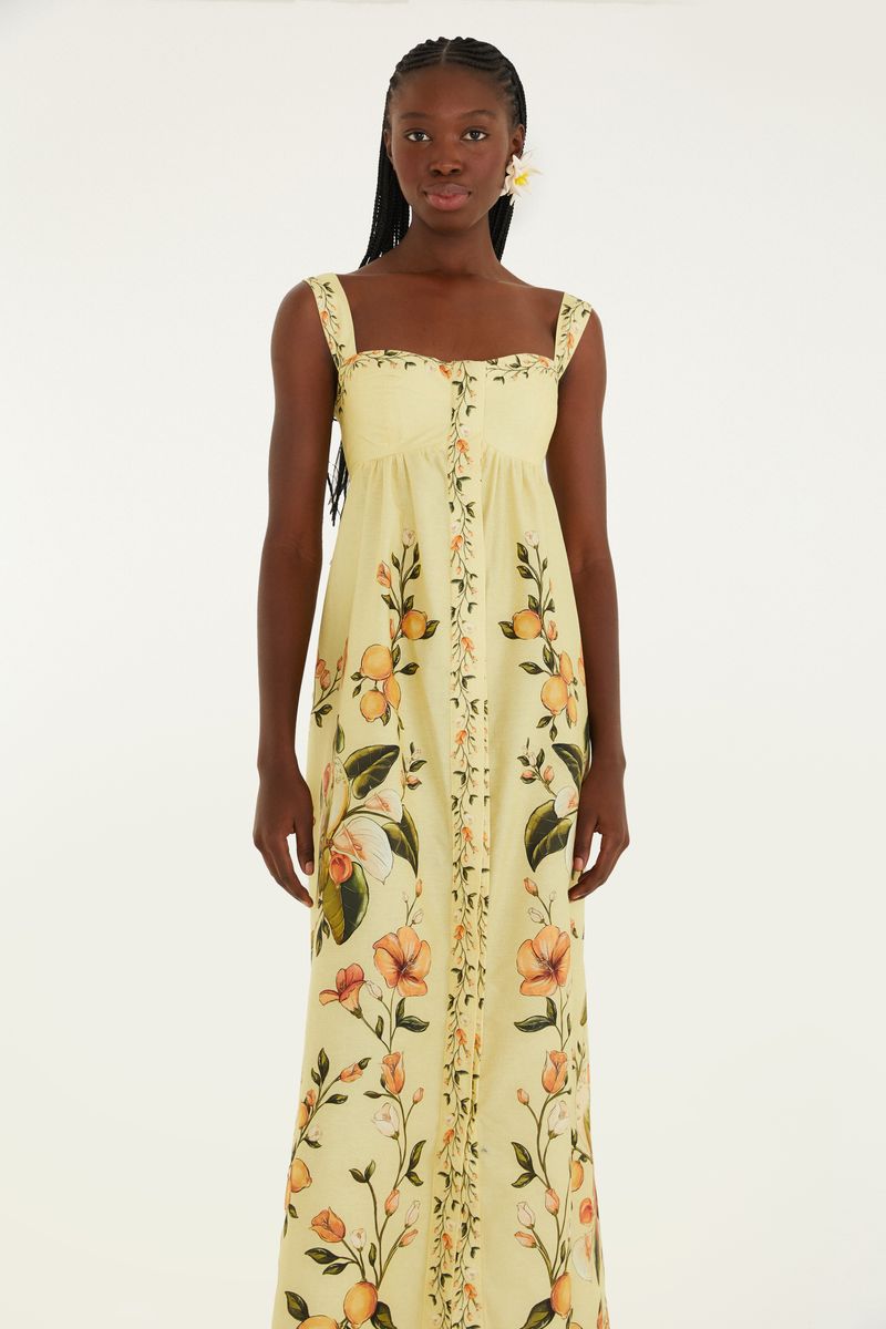 Imagen de un vestido largo con tirantes, estampado con motivos botánicos y frutas, sobre un fondo amarillo claro.