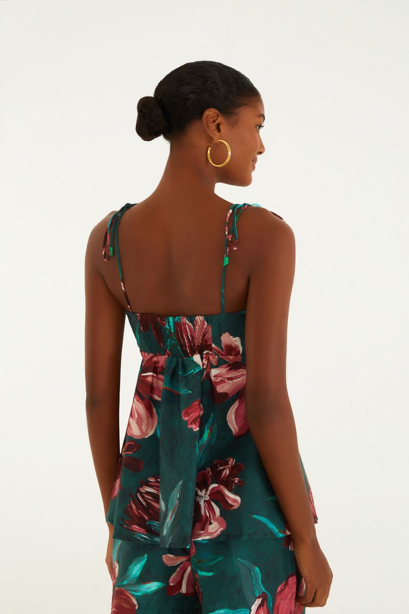 Vista lateral de la Blusa Lineia con estampado floral tropical.