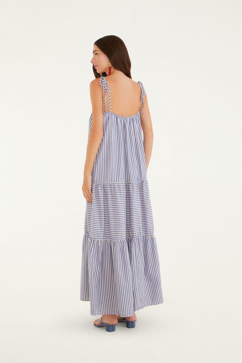 Acercamiento al estampado de rayas azules y blancas del vestido.