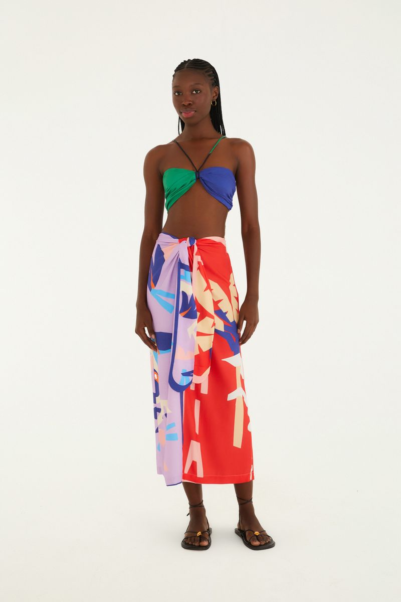 Falda Pañuelo Brasil con estampado tropical, vista frontal mostrando detalles de amarre.
