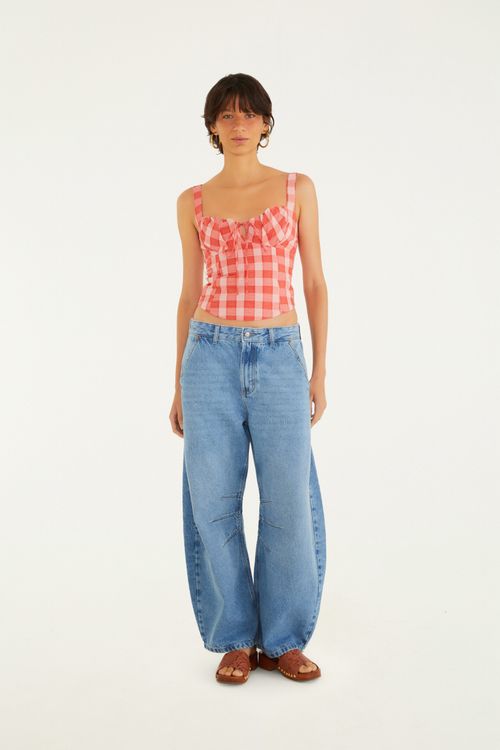 Calça Jeans Barrel Pregas Joelho