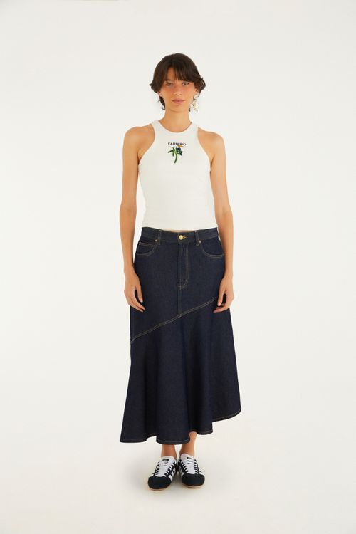 Saia Midi Jeans Mullet Diagonal