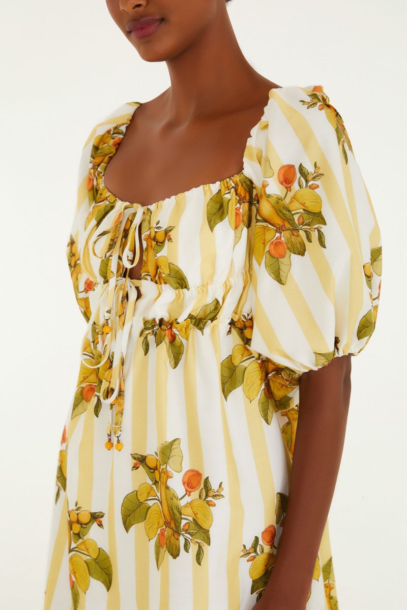Vista trasera del vestido corto con estampado de frutas y rayas, destacando el escote en la espalda.