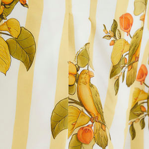 Primer plano del estampado de pájaros y frutas en la tela de los pantalones cortos.