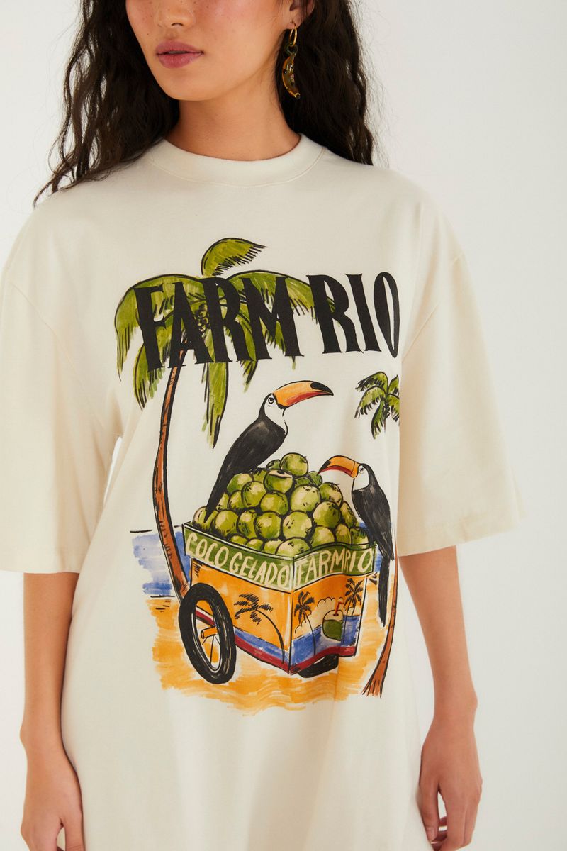 Detalle del estampado del enterizo corto Farm Rio Coco Helado, mostrando elementos tropicales.