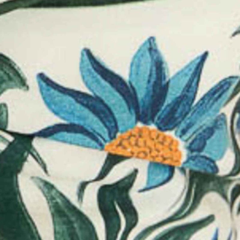 Detalle del estampado floral del vestido mostrando flores azules y amarillas.