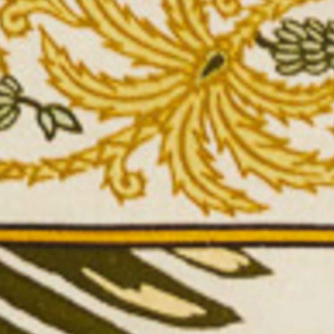 Primer plano del estampado tropical con detalles de hojas y adornos.