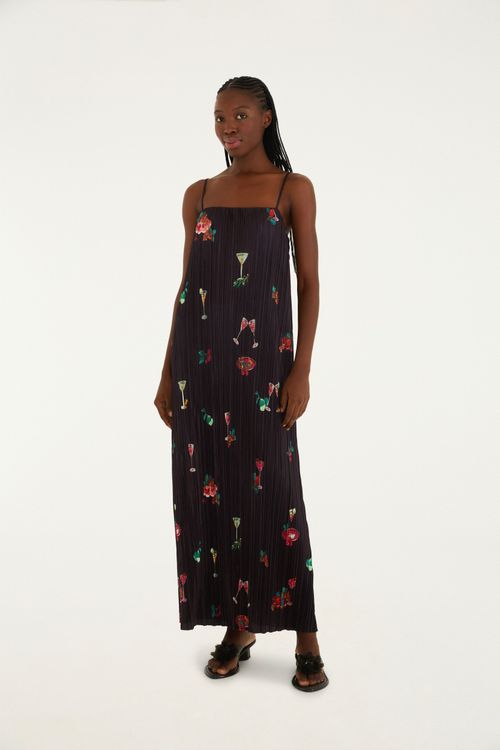 Vestido Reto Plissado Coquetel Tropical