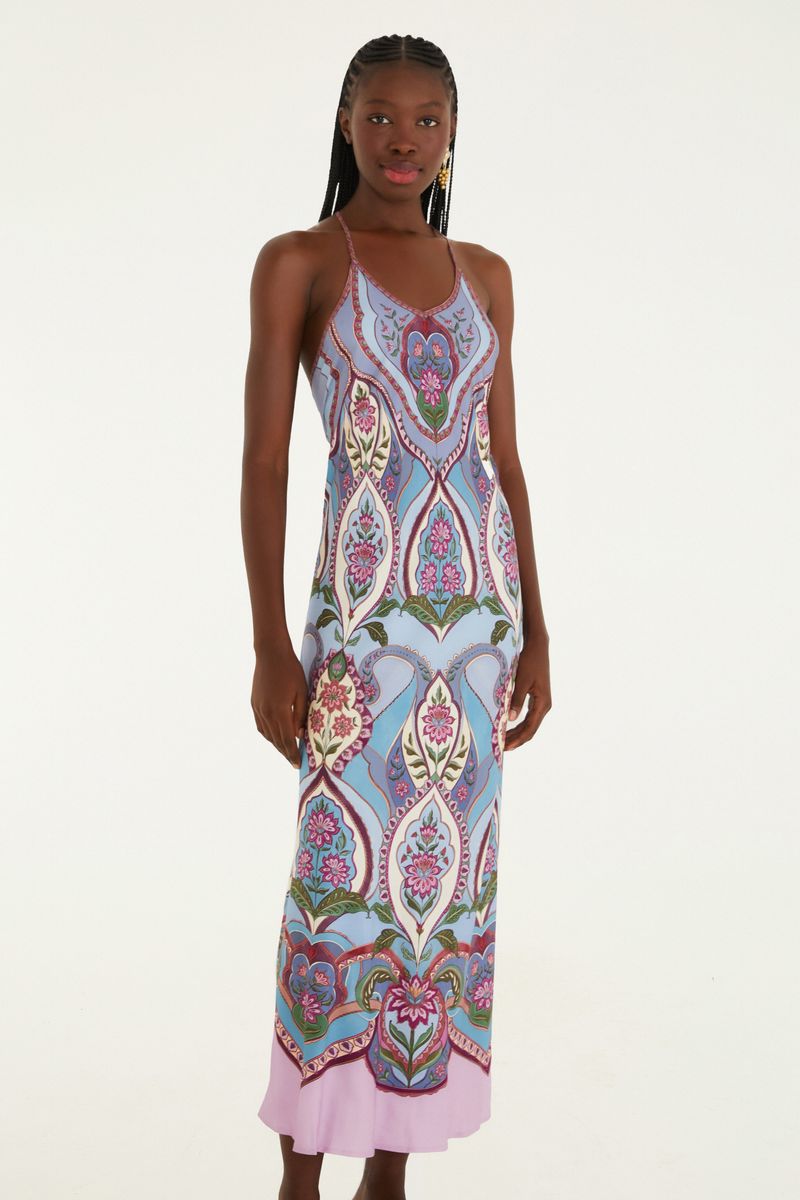 Vestido estampado con tirantes finos, vista trasera.